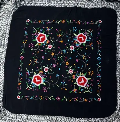 Shawl Piano Manton De Manila FLORAL Black Multicolor Silk Embroidered 43  • $178