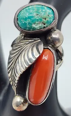 Old Pawn Navajo Native American Sterling Silver Turquoise Coral Ring Size 6 • $61.70
