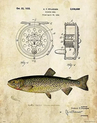 Vintage Pflueger Fishing Reel Patent Art Print Tahoe Trout Cabin Home Wall Decor • $16.78