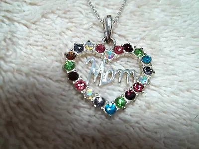 Small Heart Pendant MOM Written On Inside Of Heart Silver Tone Metal Crystals • $6