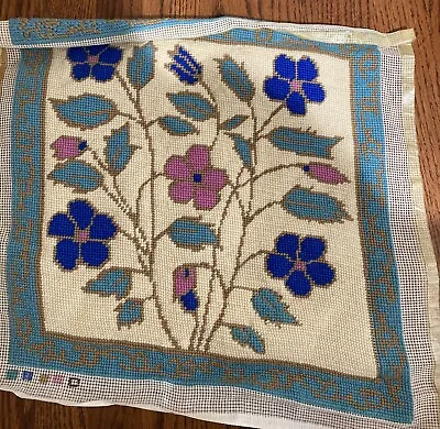 Vintage Needlepoint Nearly Completed Canvas Floral 15” X 15” (y) • $15