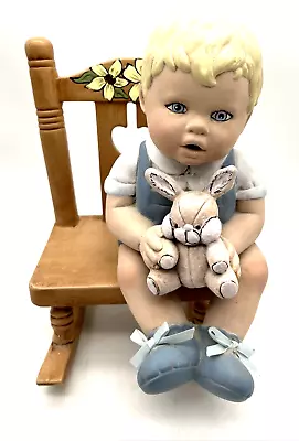 VTG 1970's Ceramic 10  Toddler Boy In Rocking Chair W/Stuffed Rabbit Figurine • $24.95