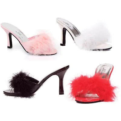 Fashion Marabou Slip On Open Toe Mules High Heel Slippers Shoes 361-SASHA-W Sz 5 • £28.40