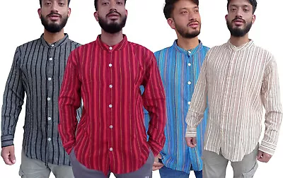 Striped Collarless Grandad Men's Shirt Kurta Full Sleeve Casual Indian Style • $18.02