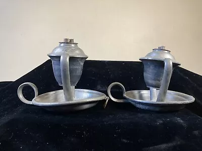 Matched  Pair 19th C. EARLY AMERICAN PEWTER WHALE OIL GIMBAL LAMPS CHAMBERSTICKS • $185