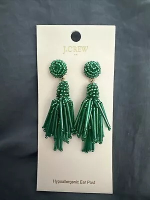 J.Crew Factory Beaded Tassel Earrings Deep Emerald Green Gold Plated Brass NWT • $25