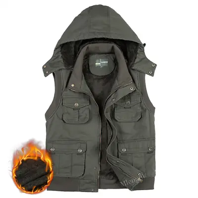 £109.34 • Buy Fleece Hoodie Multi Pocket Men Vest Warm Parka Travel Khaki Sleeveless Waistcoat
