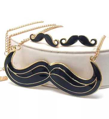 Navy Blue Large Mustache Pendant And Long Necklace And Earrings Set For Women • $17.95