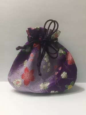 Purple Lavender Chirimen Silk Crepe Floral Flat Drawstring Pouch • $7