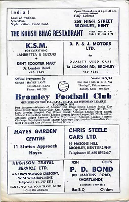 Bromley V Walton & Hersham - Isthmian League - 27/2/1973 - Football Programme • £1