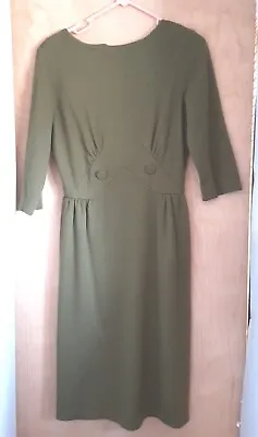 VTG 50's L'aiglon Dress Army Green Knee Length 3/4 Sleeve Lined • $25