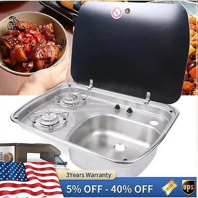 Stainless Steel Sink Combo W/Glass Lid Boat Caravan RV Camper 2-Burner Gas Stove • $291.40