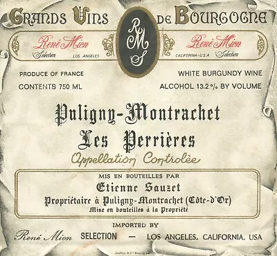 Puligny-Montrachet Les Perrieres Grand Vins French Wine Label VTG Original A347 • $11.97