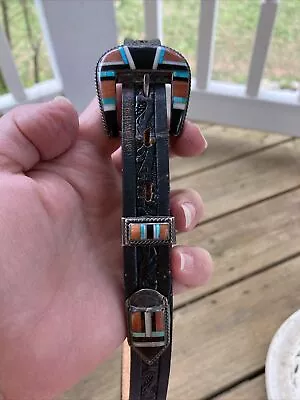 Vintage Sterling Belt Buckle With Natural Turquoise Inlay ~ Three Pieces • $85