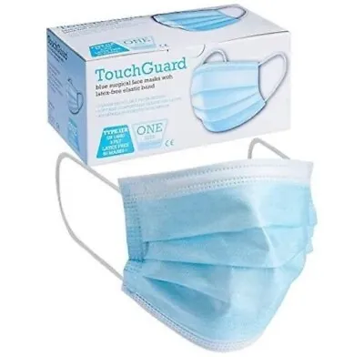 100 Blue Surgical Face Masks Latex Free Type 3 Ply Type IIR TouchGuard. 3 Layer  • £10.50