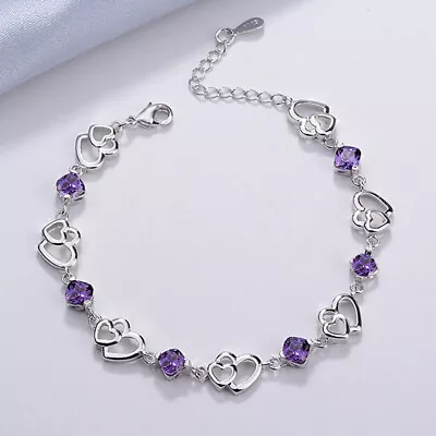 925 Sterling Silver Amethyst Double Heart Bracelet Bangle Women Jewelry Gift • $7.91