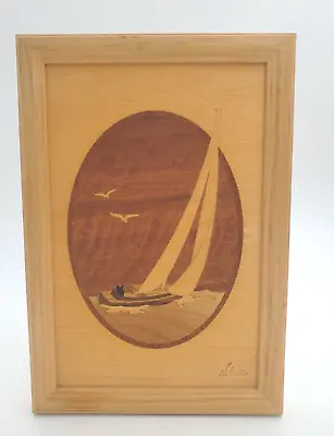 Vintage Marquetry Wood Inlay Picture  Sailboat  By Jeff Nelson Hudson River • $21.79