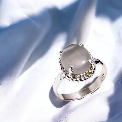 Gift For Her Natural White Cats Eye Statement Ring Size  925 Silver • $17.09