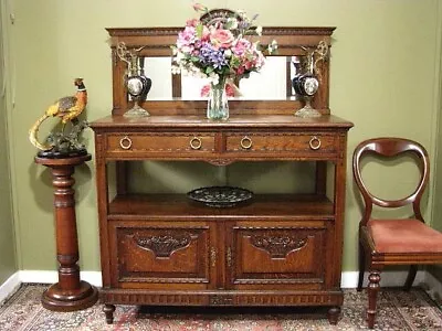 ANTIQUE FRENCH OAK MIRRORED DISPLAY DRESSER SIDEBOARD ~ FINE CARVING   C1920s • $650