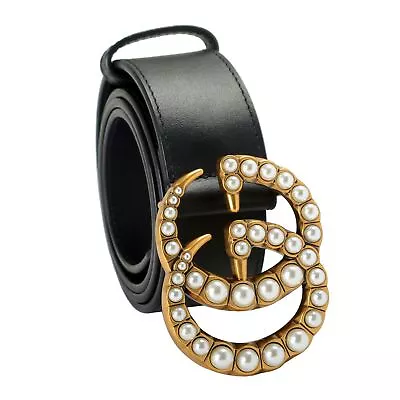 Gucci Black Leather Double Pearl G Buckle Belt US 32 IT 80 • $399.99