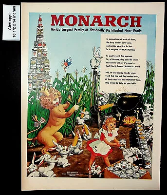 1948 Monarch Finer Foods Distributor Lion Crown Girl Corn Vintage Print Ad 28529 • $7.48