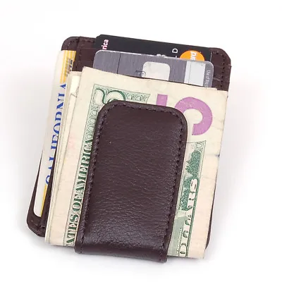 Black Leather Magnetic Mens Money Clip Slim Wallet ID Badge Front Pocket  • $15.18