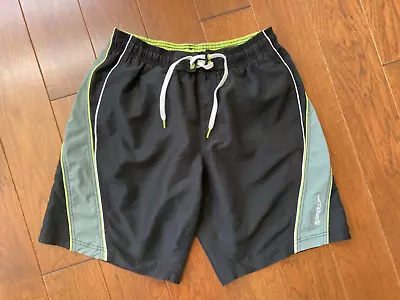Speedo Swim Shorts Men Size M Black With Green White Trim Pockets Mesh Lining • $10