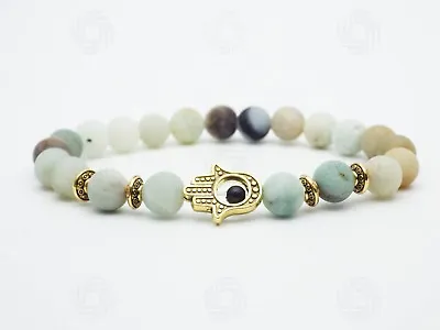 Raw Amazonite Hamsa Bracelet Bead Stone Hand Of Fatima Gemstone Evil Eye Gift UK • £5.99