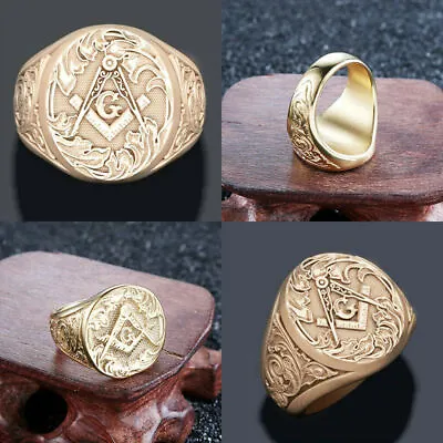 Masonic Stainless Steel Ring Vintage Gold Master Freemason Jewellery Size 7-12 • $6.99