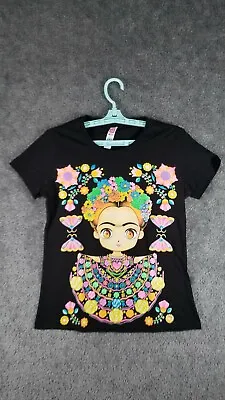 Missy Women Sz M Frida Kahlo Top Black/Multi NWOT Casual Colorful Short Sleeve • $19.49