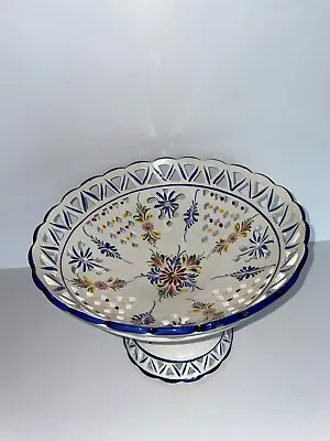 Made In Portugal Hand Painted Numbered Basket Weave Porcelain Pedestal Bowl Mint • $70