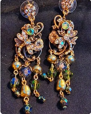 Vintage Kirks Folly Dragonfly Earrings 1990 Arora Borialis Crystal Antique Brass • $99