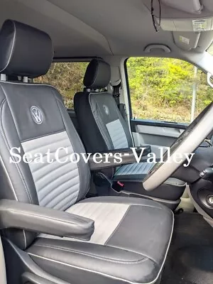 VW Transporter T5 T6 Front (1+2) Single & Twin  Leatherette Seat Covers VW Logos • $205.35