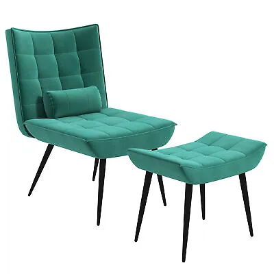 HOMCOM Armless Accent Chair With Footstool Set With Pillow And Steel Legs Green • £80.99