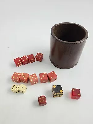 Vintage LEATHER DICE CUP WITH 15 Old DICE • $20
