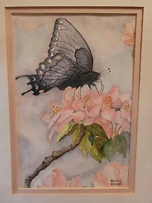$24.95 • Buy Matted Becky Evans Watercolor Painting Pink Flowers Butterfly Nature Art 12x9 