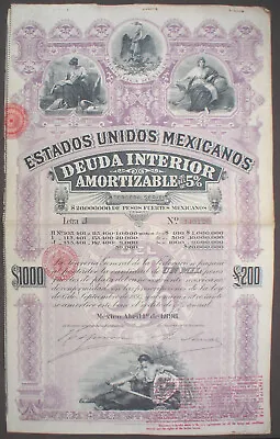 Mexico ESTADOS UNIDOS MEXICANOS BOND 5% Deuda Interior 1000$  =£200 1898 Uncanc. • $75