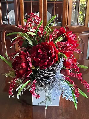 Red Christmas Centerpiece Red Peony Winter Arrangement Table Christmas • $128.80