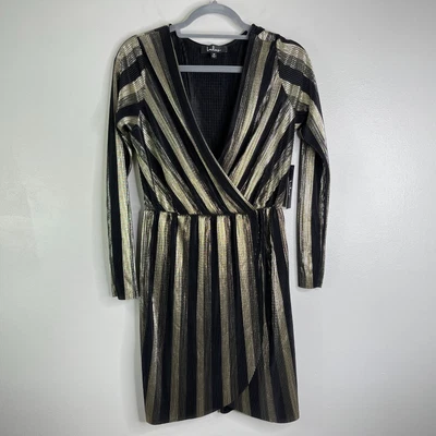 $33 • Buy NWT Lulus V.I.P. Party Gold And Black Striped Pleated Long Sleeve Dress Medium