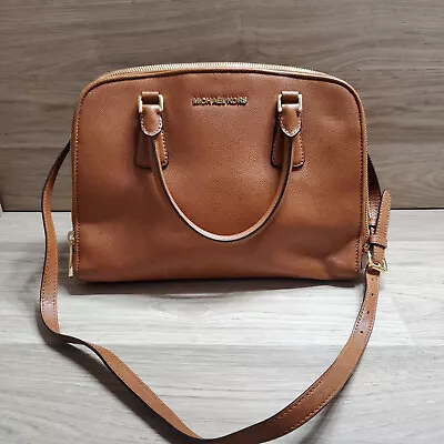 Michael Kors Leather Saddle Luggage Brown REESE Satchel Handbag Crossbody • $49.99