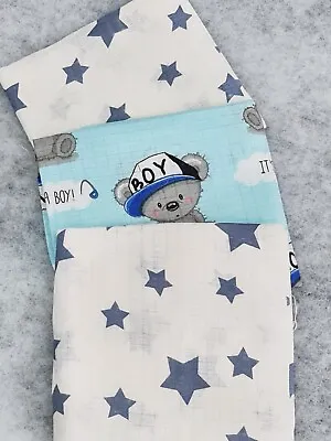 3 Pack Muslin Squares Large 70x80cm Baby Nappies Bibs Teddy Bear Blue Stars • £5.99