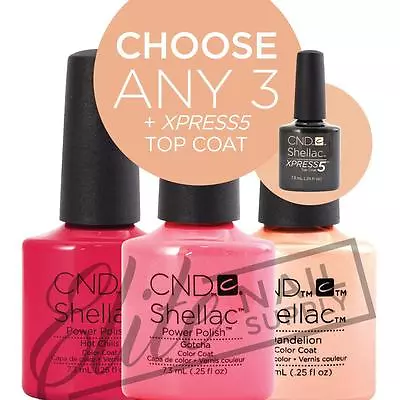 CND SHELLAC - 7.3ml - Any 3 Colours + XPRESS5 Top + FREE Remover Wraps 10ct • $95.95