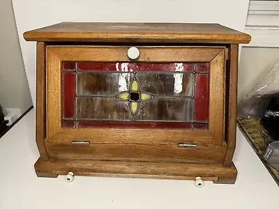 Vintage Slag Glass Window Front Wooden Bread Box / Small Section With A Break • $59.99