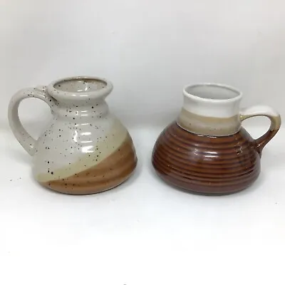 2 Vintage No Spill Travel Mugs Speckled Striped Pottery Brown Tan  Cream Clay • $29.95