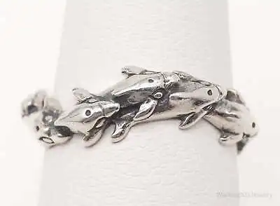 Vintage Designer Kabana Swimming Dolphins Sterling Silver Ring - Size 6.25 • $65