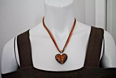 Gold Glass Heart Pendant With Cord/ Ribbon Necklace • $6