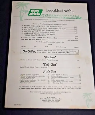 $14.95 • Buy Original 1970 Seaboard Coast Line Railroad Florida Dining Car Breakfast Menu