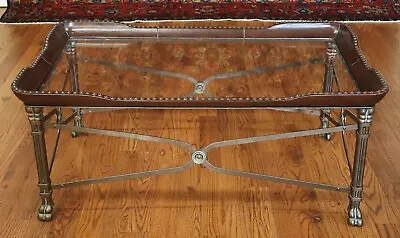 Maitland Smith Regency Style Leather Wrapped Glass Top Cocktail Coffee Table  • $600