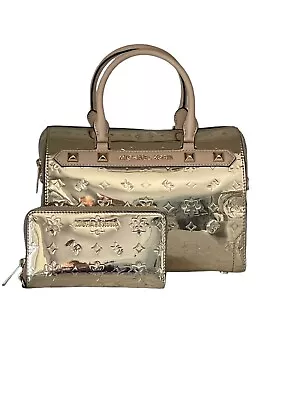 Michael Kors Lg Duffle Satchel / Wallet Wristlet Gold Patent Leather MK Dust Bag • $199