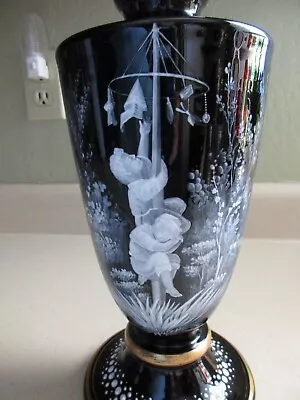 OUTSTANDING Antique Mary Gregory Black Glass Vase- A BEAUTY!! • $550